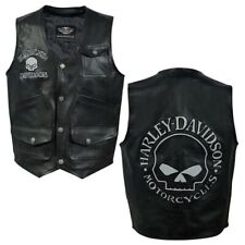Harley Men Reflective Skull Real Leather Black Motorcycle Vest| Fashion Leather