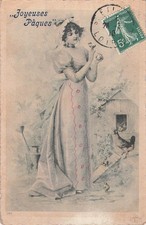 ILLUSTRATED CP EASTER WOMAN ELEGANT CHICK ON HAND CHICKEN COOP CHICKEN - 62883