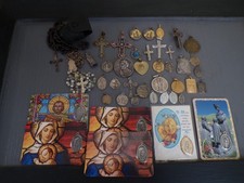 lot of religious medals rosary cards cross mother of pearl silver
