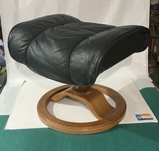 Vintage Ekornes Dk Green Leather 'Stressless' Ottoman / Foot Rest on Teak Base