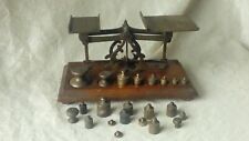 OLD SMALL BRASS SCALE WOODEN BASE + FINE WEIGHT 19th century**