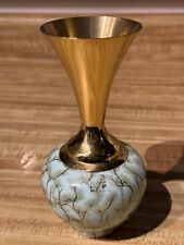 Delft Holland Hand Painted Luster Bud Vase Brass Top Blue Bottom Art
