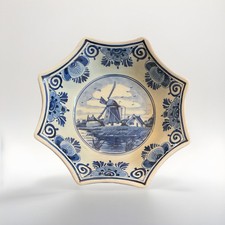 RARE Octagon Shape Delfts Blauw Blue & White Windmill Dish Bowl Hand Painted