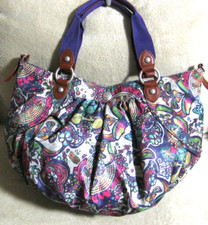 OILILY Med-Lg Multicolor Floral Nylon & Brown Leather Tote Shoppers Shoulder Bag