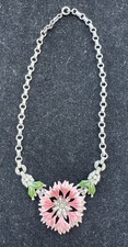 Vintage Trifari Alfred Philippe "Rue De La Paix" Pink Enamel Flower Necklace 16”