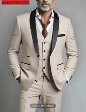 Ensemble 3 Pièces Beige Slim Fit Élégant Veste Gilet Pantalon Cérémonie 1127