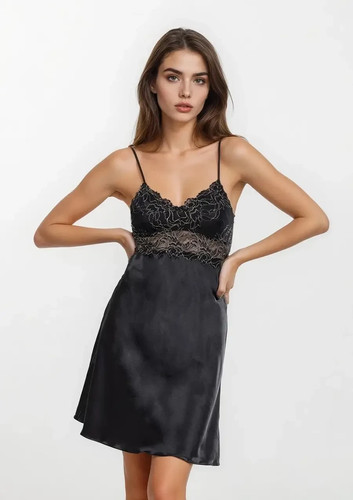 Nuisette satin noir dentelle - &,