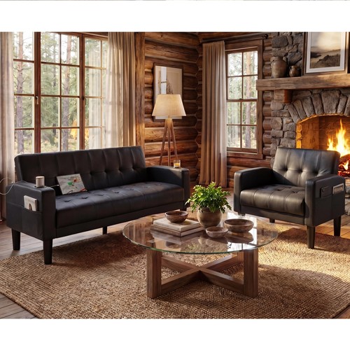 Black leather tufted - 62",