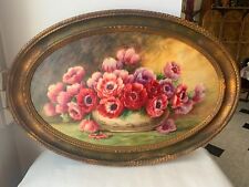 Large oil on cardboard painting Madeleine Renaud, oval frame, bouquet flowers
