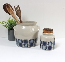 2 pots en grès vintage 1970 Cornichons / Moutarde motifs bleus