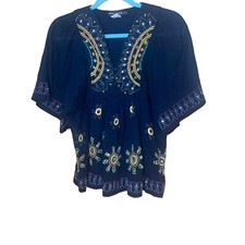 Antik Batik Womens Blouse Size Small Black Embroidered Mirrored Pure Cotton