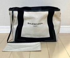 Negotiable "Exc5 w/Pouch" BALENCIAGA Navy Cabas Tote Hand Bag Canvas White Black