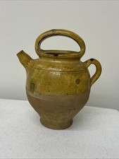 Antique French Confit Gargoulette Water Jug Pitcher Yellow Glaze 19th C