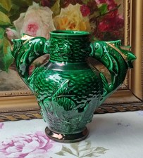 ANCIEN VASE CÉRAMIQUE VERTE ANSES ET DÉCOR POISSONS VALLAURIS? ANNÉES 60 