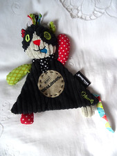 DOUDOU PLAT CHAT RONRONNOS DEGLINGOS BABY VELOURS NOIR BANDANA POIS BLANCS