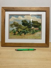 Aquarelle d'un paysage de montagne (forêt et maison) par Henri Bérengier