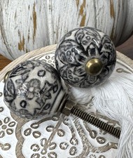 2 Black & White Porcelain Chinoiserie Carpet Ball Sphere FURNITURE KNOBS PULLS