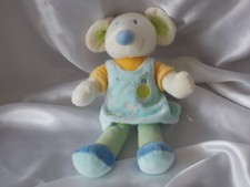 Doudou souris bleu, jaune, broderies maison, oiseau, Mots d'enfants