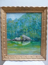 Tableau peinture paysage campagne bord de rivière ou étang sous bois rocher