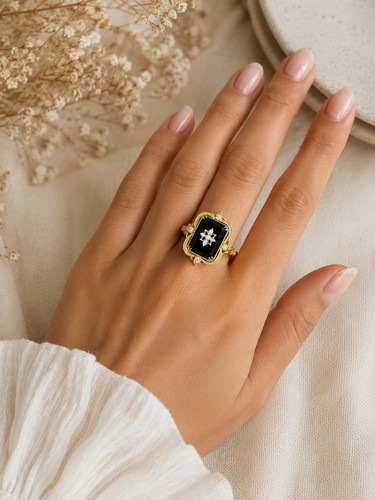 Bague dorée pierre noire - bague,