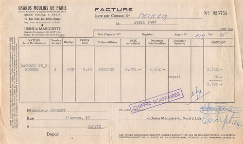 Facture 1957 grands moulins - ,