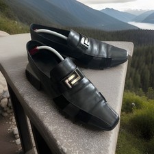 VERSACE Greca Leather Dress Loafers Black Silver Sz 44 US 11