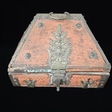 Antique Indian  Dowry Chest/ Malabar Wood Box Painted Brass Mounted 19th Cent