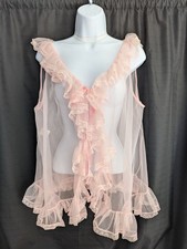 Vintage Pink Chiffon Peignoir Sheer Robe Ruffle Hemline Large