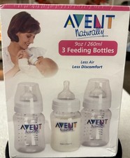 Avent Naturally - 3 Feeding Bottles - 9oz Bottles - Newborn Nipples
