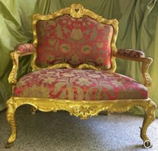 Louis XV Marquise Wide Fauteuil Armchair Sculpted Giltwood Bronze Rubelli Fabric