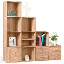 Meuble de rangement en escalier LIAM 4 niveaux bois façon hêtre avec porte et ti