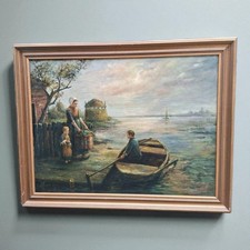 Grande peinture à l'huile Signée encadrée – Boat scene on the river – Art