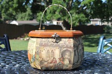 Vintage 70s Anton Pieck Decoupage Art Octagon Wooden Box Purse with Metal Handle