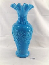 old blue opaline vase embossed floral decor H: 23 cm (CP99)