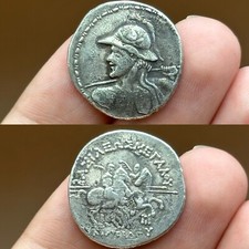 Ancienne pièce de monnaie gréco-bactrienne Eucratides I en argent massif tétr...