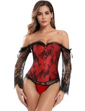 CORSET BUSTIER FLORAL AVEC MANCHES LONGUES EN DENTELLE TOP ROUGE STEAMPUNK 