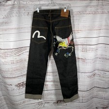 Evisu Bird Embroidered Dark Gray Contrast Stitch Y2K Streetwear Jeans Size 32/20