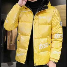 Blouson D'Aviateur Duvet Sintetique Mode Homme Capuche Jaune Blanc Poli Poches