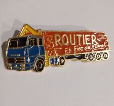 Pin's truck semi-trailer truck, road and proud of being, Renault with crane