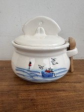 Ancienne Boite à sel en faïence Blanche Décor Marin Bateau  Vintage