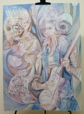 71x98 CM Portrait Peinture Technique Expérimentale Guitariste Vintage Rock P32