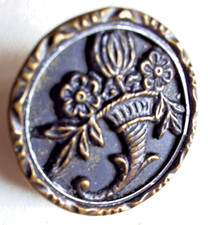 ANTIQUE BUTTON, 1900, 22mm, stamped metal, flowers in horn of plenty