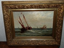 Superbe tableau Marine huile sur panneau avec des bateaux signé Charly 19ème