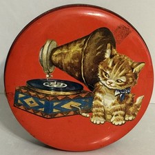 Vtg penguin confectionery toffee tin kitten & gramophone 1950s Ad Sticker Intact