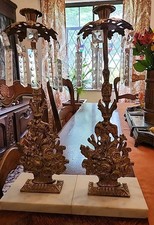 Pair Antique Victorian Girandole Candlesticks Marble Brass & Crystal Prisms 