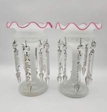 Antique Milk Glass Ruffle Pink Edge Mantle Lustre Pair Cut Crystal Prism Drops