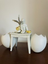 Biscuit Ancien groupe enfant avec Canards Et Colombe Grise Porte Bijoux BE RARE!