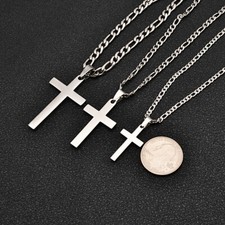 Men Women Cross Pendant Necklace Silver Stainless Steel Figaro Chain 16-30"