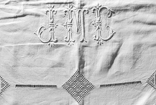 Drap lin ancien brodé - drap,