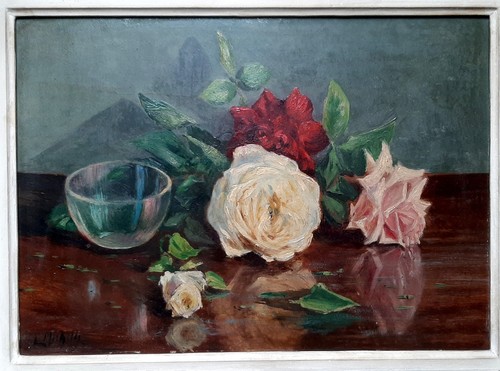 Tableau ancien jeté roses - tableau,